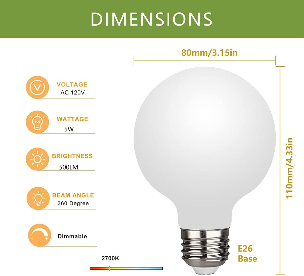G25 LED Globe Light Bulbs, 40W Equivalent, 2700K Warm White Bathroom, E26 Base, Milky Glass Vanity Round, Perfect