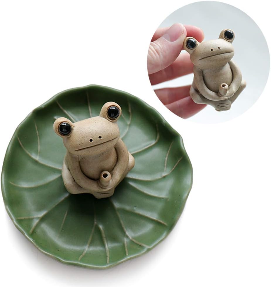 100% Handmade Ceramic Stick Incense Burner Holder,Small Frog Incense,Lotus Leaf Tray,Mini Cute Animal Statue Home