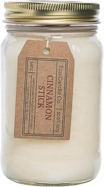 Cinnamon Stick Holiday Mason Jar Candle, 14 oz. - Scents of Cinnamon, Sugar, & Clove - 100% Soy Wax, No Lead, Gold