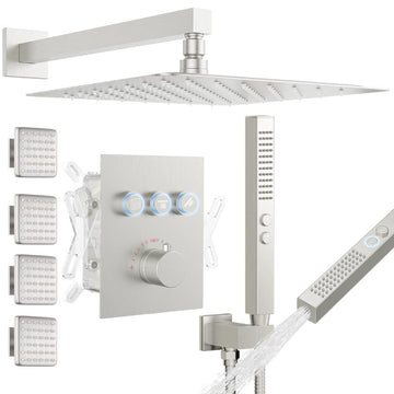 Thermostatic Shower System with Body Jets, 12" Rain Showerhead with 2 Modes Handheld Spray, Can Use All at Once