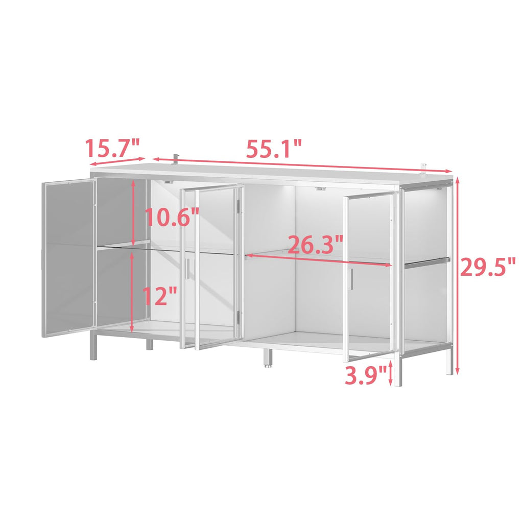 Glass Buffet Cabinet with Metal Frame & 3-Color Light, 55" W White