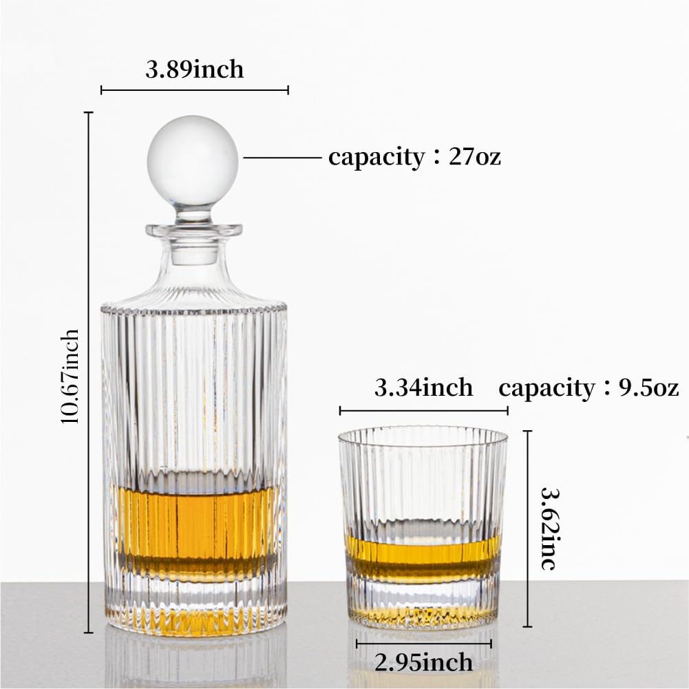 27Oz Whiskey Liquor Decanter Ribbed Set in Box,Decanter Set with 2 Glasses - Set of 3