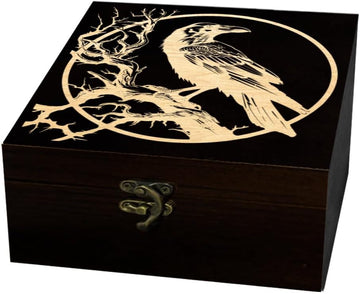 1 Pc Wooden Keepsake Storage Box, Raven Branch Full Moon Pattern Square Pine Memory Box for Anniversary Jewelry Board