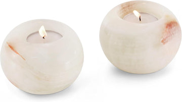 Marble Tea Light & Votive Candle Holders 4 Inch, Cream Onyx | Set of 2, handmade. Fits standard tealights. Dining