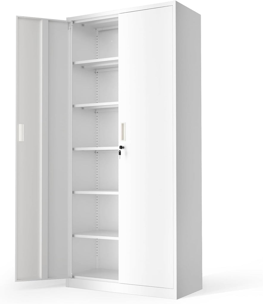 Metal Garage Storage Cabinet with 2 Doors and 5 Adjustable Shelves, 71" Tall Steel Lockable File Cabinet, Locking