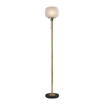 Antique Brass Floor Lamp with Frosted Glass Shade and Pull Chain - Mid-Century Accent Lighting, or Home Office, 65"