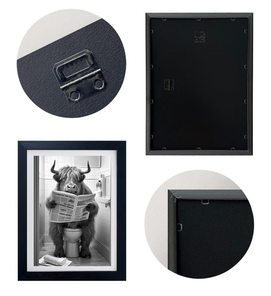 Highland Cow Pictures Bathroom Wall Decor Cow on Toilet Artwork Black and White Funny Bathroom Wall Art Animal Print