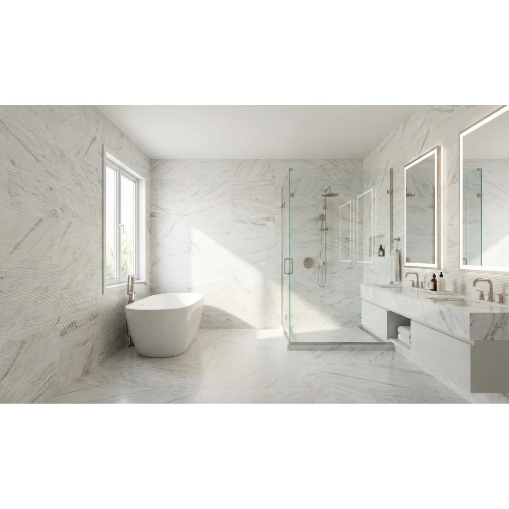 3D Fluted White Marble Wall Tiles, 12 x 24 Inch, 4 Pieces, OL Finish