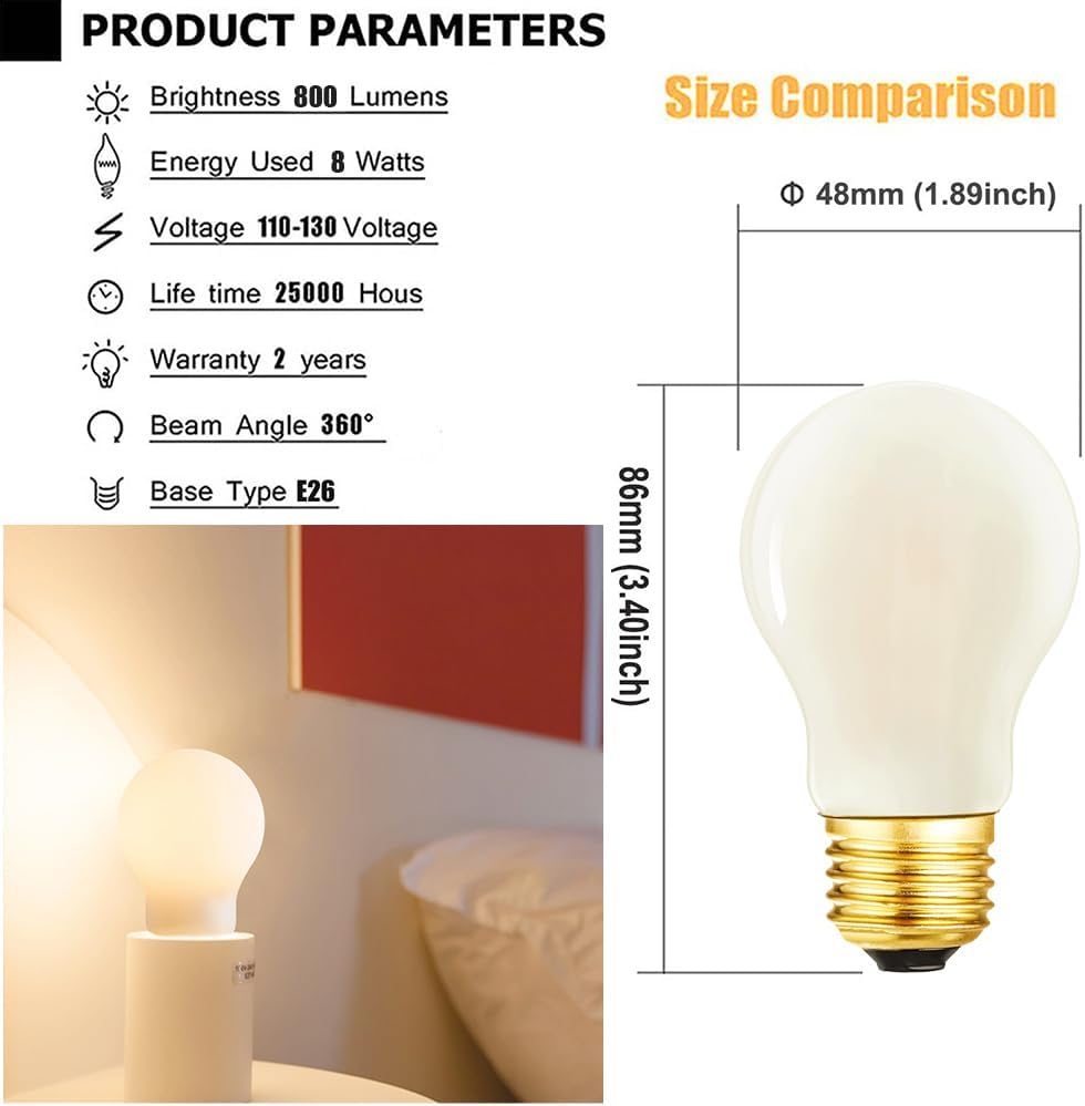 E26 Edison Bulb 8W=75 watt Light Bulb Frosted Dimmable Warm White 2700K Edison Light Bulb 75 Watt AC120V A15 led Bulb
