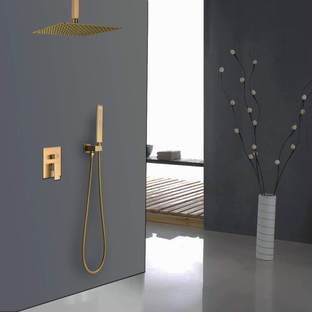 Brushed Gold Ceiling Mount Rain Shower System with 12 Inch Shower Head and Handheld Bathroom Golden Shower Set