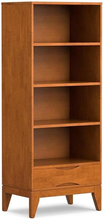 Mid-Century Bookcase, 60" H x 24" W x 16" D, Solid Rubberwood, Walnut Brown Finish, Adjustable Shelves, Drawer with