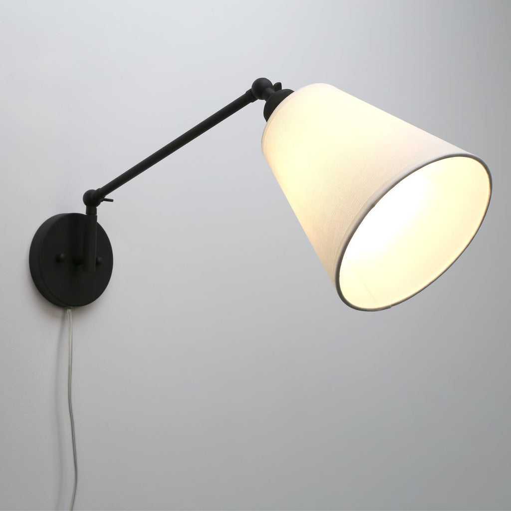 Retro Swing Arm Wall Sconce Plug in Wall Lamp Black Single Sconce with White Fabric Shade Wall Light Fixture Living