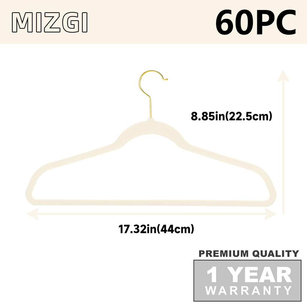 Ivory Velvet Hangers - 60 Pack, Premium Gold, Non-Slip Felt, Sturdy, Heavy Duty Coat & Suit Hangers for Space Saving