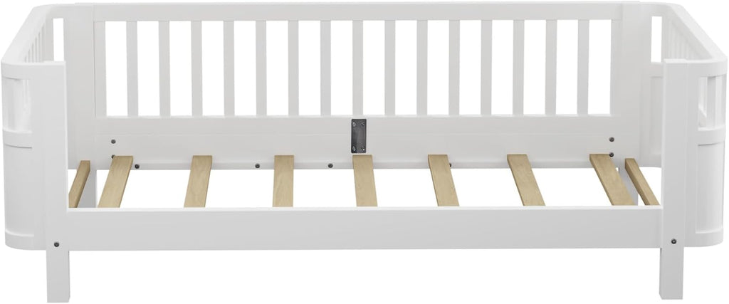 Platform Bed with Fence, Low Bed Frame with Detachable Side Bed Rails, Wooden Montessori Beds for Girls