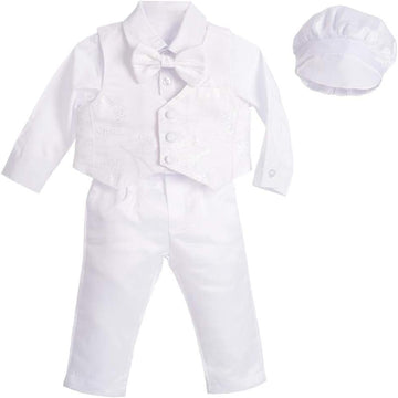 Baby Boys White Suit Christening Clothing Baptism Outfits with Bonnet Long Sleeve Floral