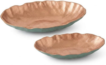 Turquoise Copper Finish Metal Decorative Oval Bowls for Potpourri, Table Decor - Set of 2