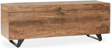 46" Mango Wood Storage Trunk, Natural Brown and Black Finish, Iron Legs, Soft Close Top, Functional Distressed