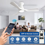42-Inch Flush Mount Low Profile Ceiling Fan with Dimmable LED Light and Remote - White, 3 Blade, Ultra Quiet DC Motor