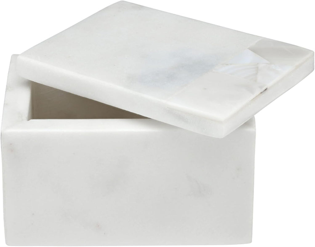 Keepsake Box with Lid - Handcrafted Marble with Mother of Pearl Inlay, 4" Long x 3" Wide x 2.5" Tall, White Grey