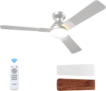 Ceiling Fans with Lights, 52 inch Low Profile Ceiling Fan with Light and Remote Control, Flush Mount, Reversible, 3CCT, Dimmable, Noiseless, Silver Ceiling Fan for Bedroom, Indoor/Outdoor Use A102-B0D87BJZ37