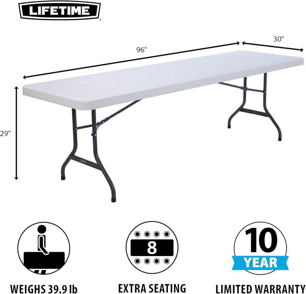 8-Foot Commercial Folding Table, White Granite HDPE Top, Steel Frame