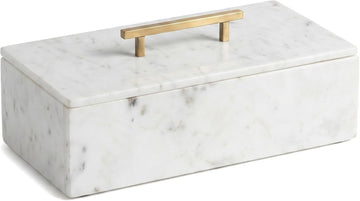 Modern White Marble Storage Box with Brass Handle, Stylish Accent Piece, Removable Lid, Ideal Organization, 11.7' X 7'