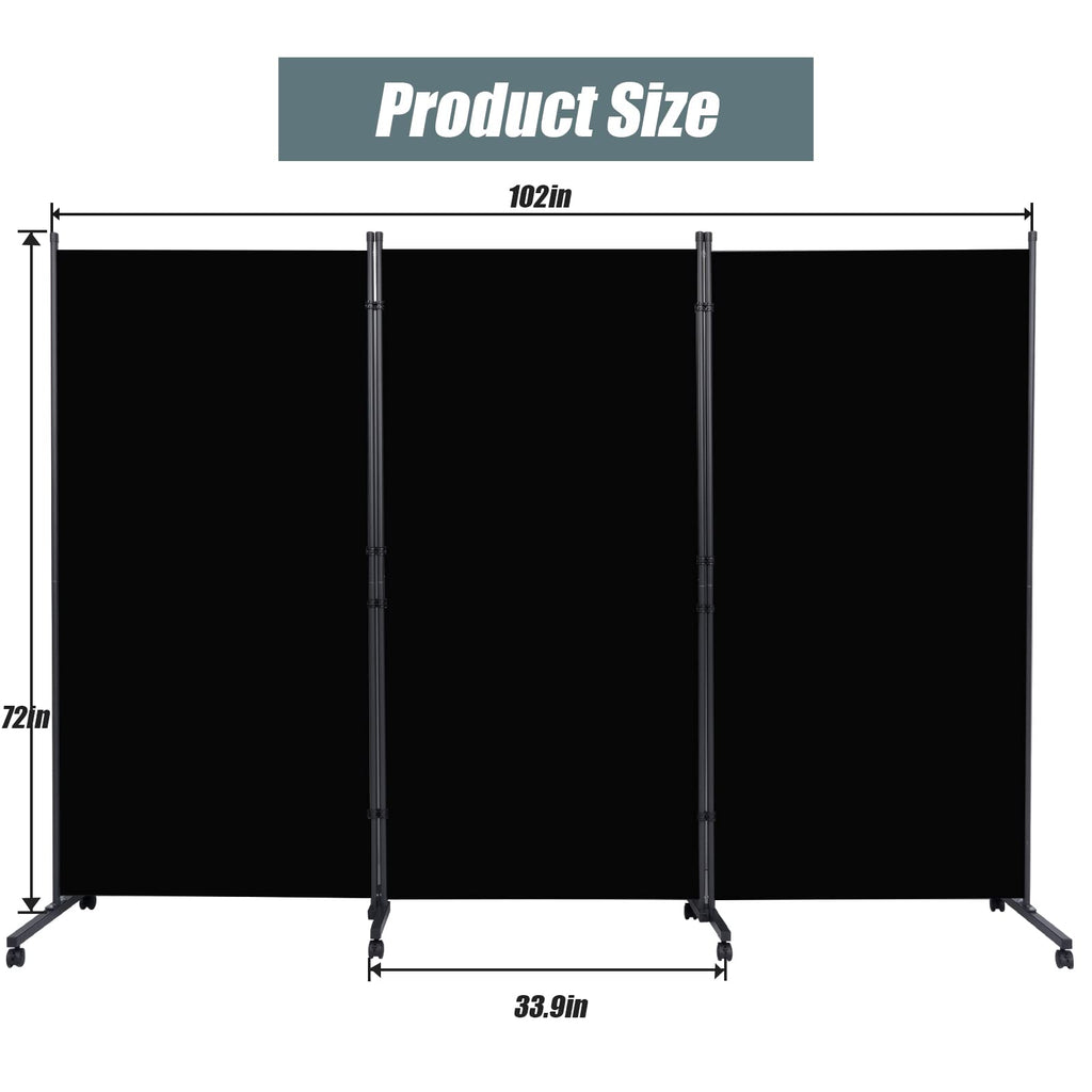 Room Divider 102'' Wide Folding Privacy Screen, 3 Panel Wall Divider w/Wheel