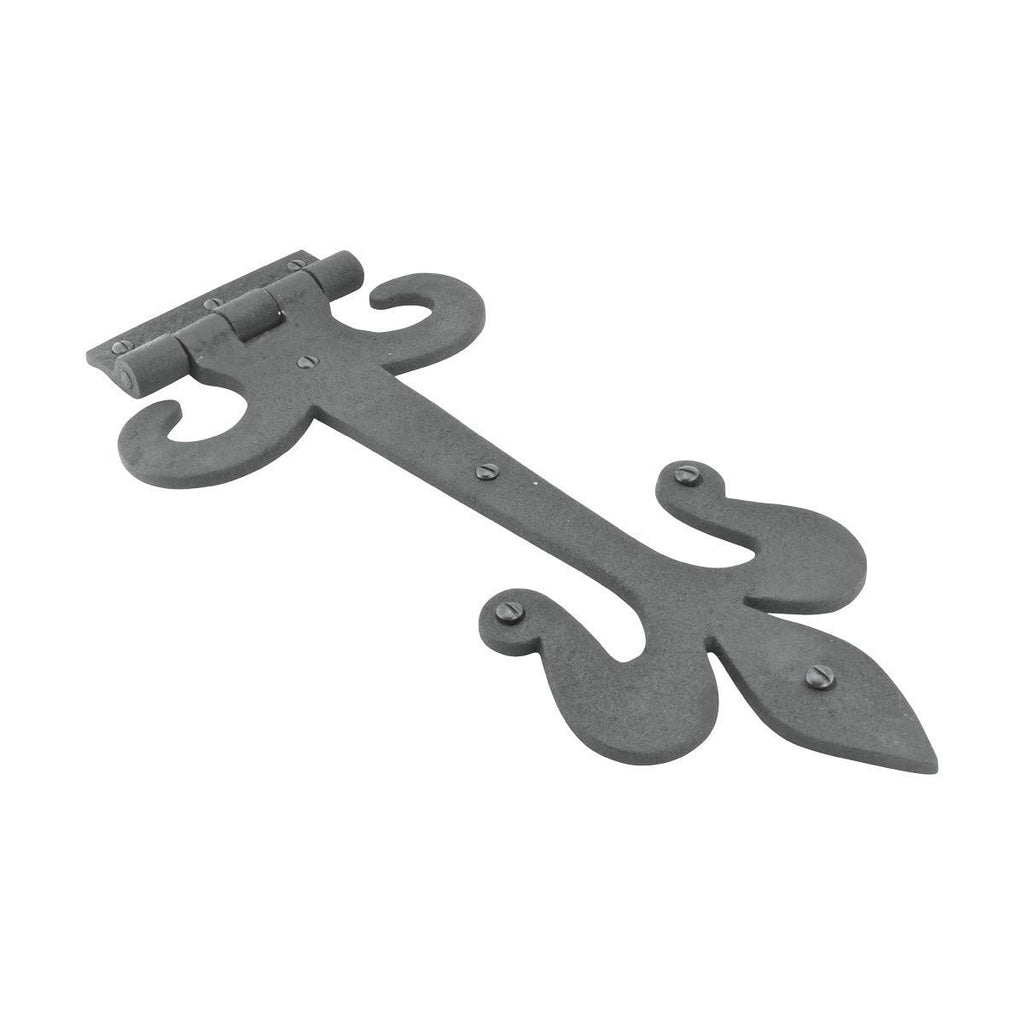 Gate Hinges 12 in. Black Wrought Iron Fleur De Lis Style Strap Hinges for Gates and Doors with Mounting Hardware