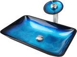 22" Blue Bathroom Vessel Sink,Rectangle Tempered Glass Washing Sink Bowl with Faucet And Drain, Artistic Bowl Sinks