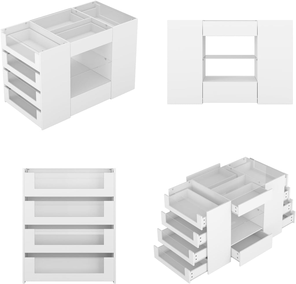 Closet Island with 12 Drawers, Glass Top & Display Shelves, White | Wardrobe Armoire Bedroom Island, White Dresser