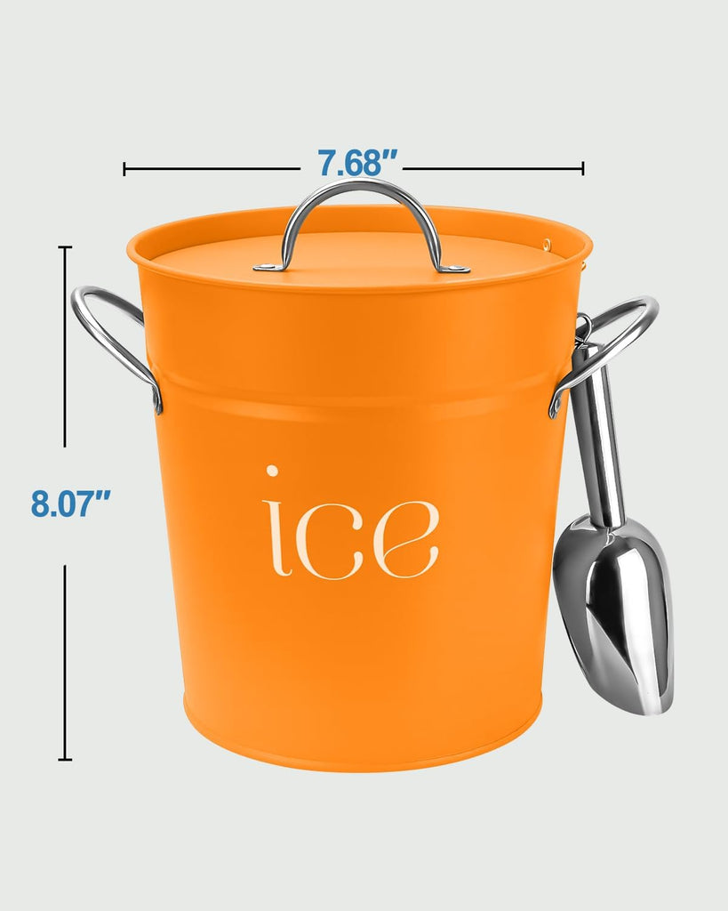 3 Qt Orange Galvanized Ice Bucket with Lid, Scoop and Handles, Insulated
