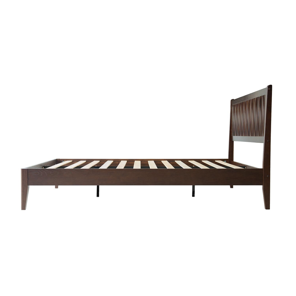 Queen Size Bed Frame with Headboard & Footboard, Solid Wood Platform Bed, Central Metal Legs, 12 Sturdy Slats, Under