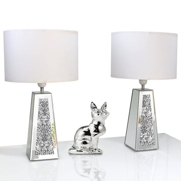 Silver Mirror Crushed Diamond LED Table Lamp, Four Prism Shaped Crystal Diamond Mirrored Base, White Round Linen