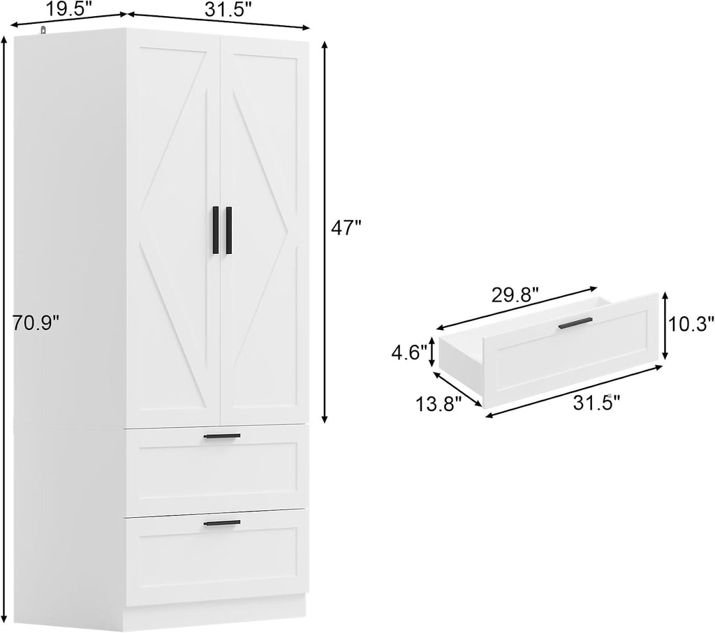 70.9" Tall Armoire Wardrobe Closet with 2 Drawers, 2 Doors & Hanging Rod, 31.5" W Farmhouse Wooden Wardrobe Clothes