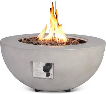 31.5 Inch Round Propane Fire Pit Table - Concrete Round Fire Bowl 50,000 BTU Natural Gas Firepit Burner with Steel Lid