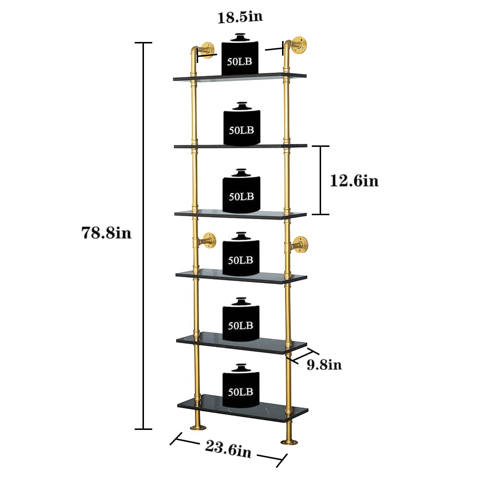 6-Tier Black Faux Marble and Gold Shelves Bookshelf Decor Industrial Pipe Shelving Metal (23.6x9.8x66.9")