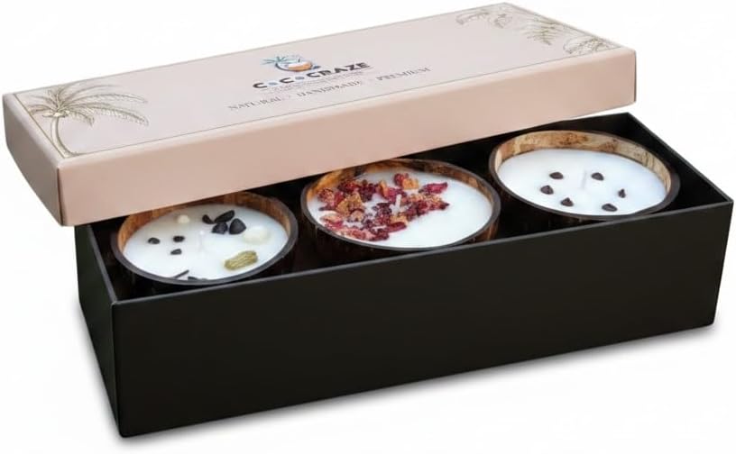 Coconut Shell Scented Candle Set, Roasted Coffee, Dark Rose, Apple Cinnamon, with Real Botanicals, Gift - Set of 3