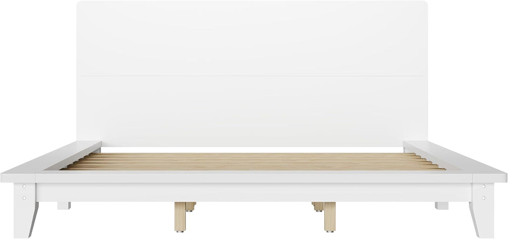 King Size Wooden Bed Frames with White Headboard, Japanese Pine Wood Platform Bed, Rustic & Mid-Century Modern
