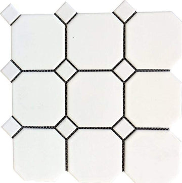 4" Octagon Tile Matte White Mosaic Porcelain Floor and Wall Tile Backsplashes, Accent Wall (White Dots Matte, 20