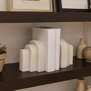 White Marble Bookends - Decorative Stone Book Holders for Shelves, Desks & Tables - Modern Home & Office Shelf