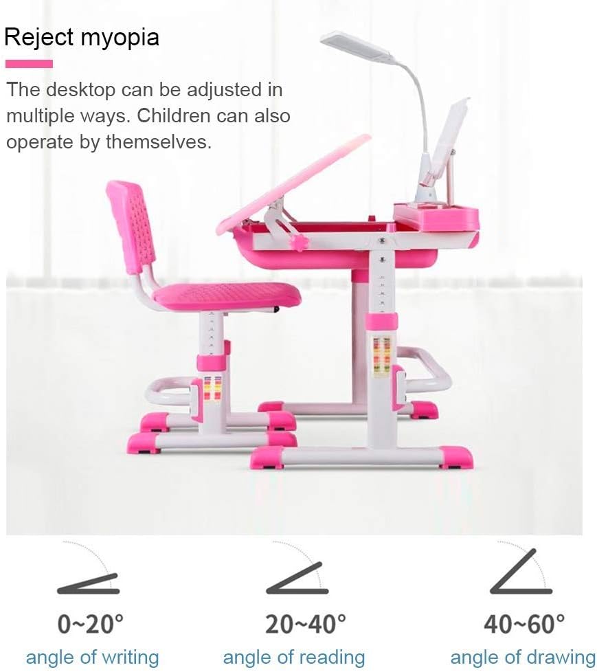 Kids Desk and Chair Set, Height-Adjustable, Included LED lamp, Pink