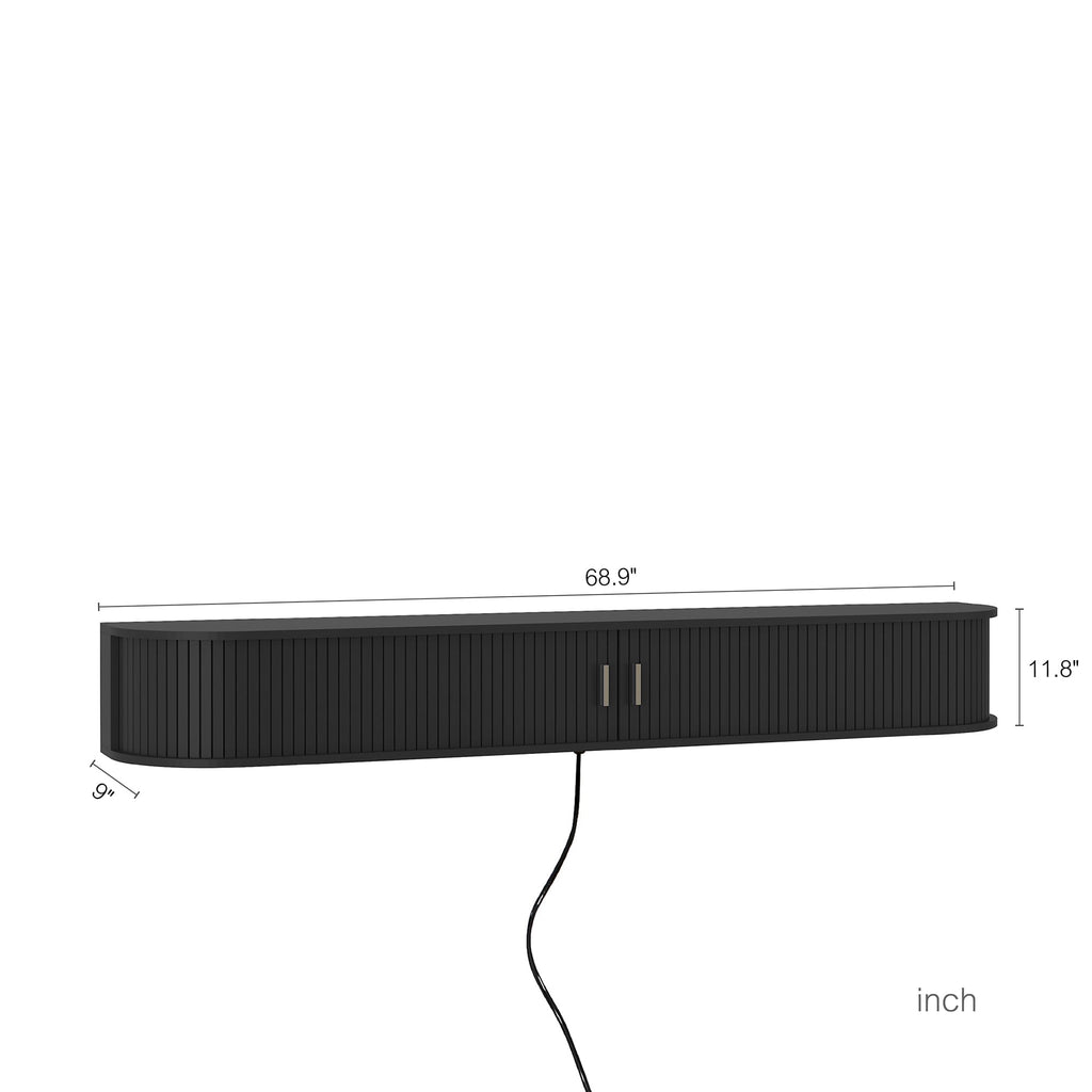 68.9" Floating TV Stand with LED & Outlet, Fluted Wall Mounted TV Shelf, TV Cabinet Black