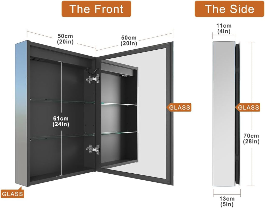 20 * 28 Right Hinge LED Bathroom Mirror Cabinet, Aluminum Medicine Cabinet | Light Adjustable, Sockets & USBs inside