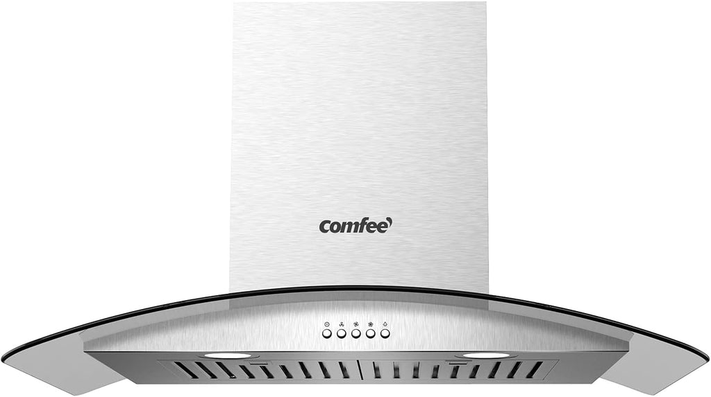 30 Inch Stainless Steel Wall Mount Range Hood 450 CFM 3 Speed LED Lights, Baffle Filters, Convertible Ducted/Ductless Glass Canopy