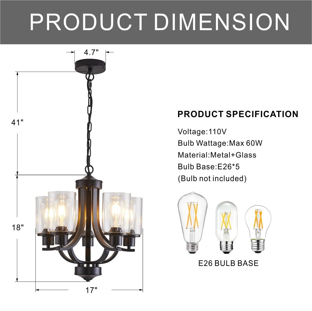 5-Light Dining Room Chandelier, Modern Small Chandeliers Black Rustic Metal Farmhouse High Ceiling Pendant Light