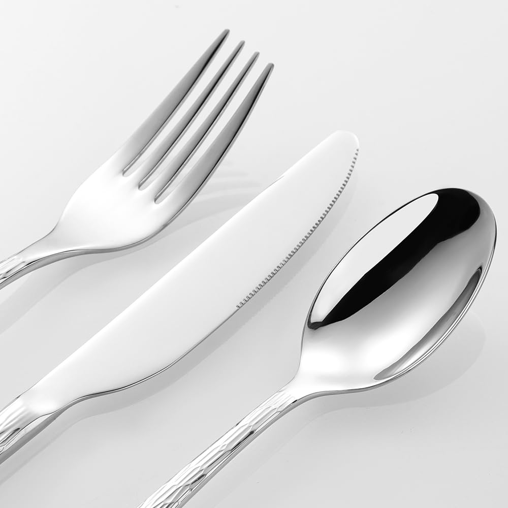 Black Hammered Silverware Set, Heavy Duty Flatware Set, 18/10 Stainless Steel Premium Cutlery with Unique Ripple