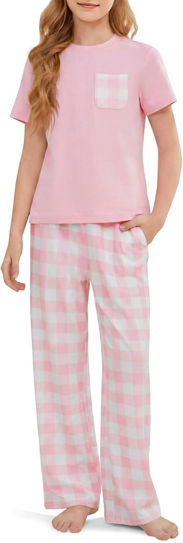 Girls Pajama Sets Kids Short Sleeve Tops and Plaid Long Pants PJS Sleepwear Soft Lounge Set
