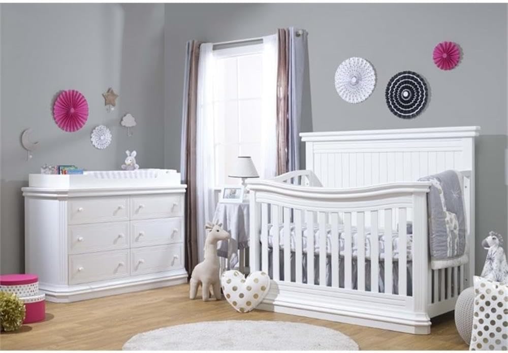 Modern Wood 4-in-1 Crib, White Finish, 47" H x 59" W x 32" D, Adjustable Mattress Heights, Converts to Toddler and