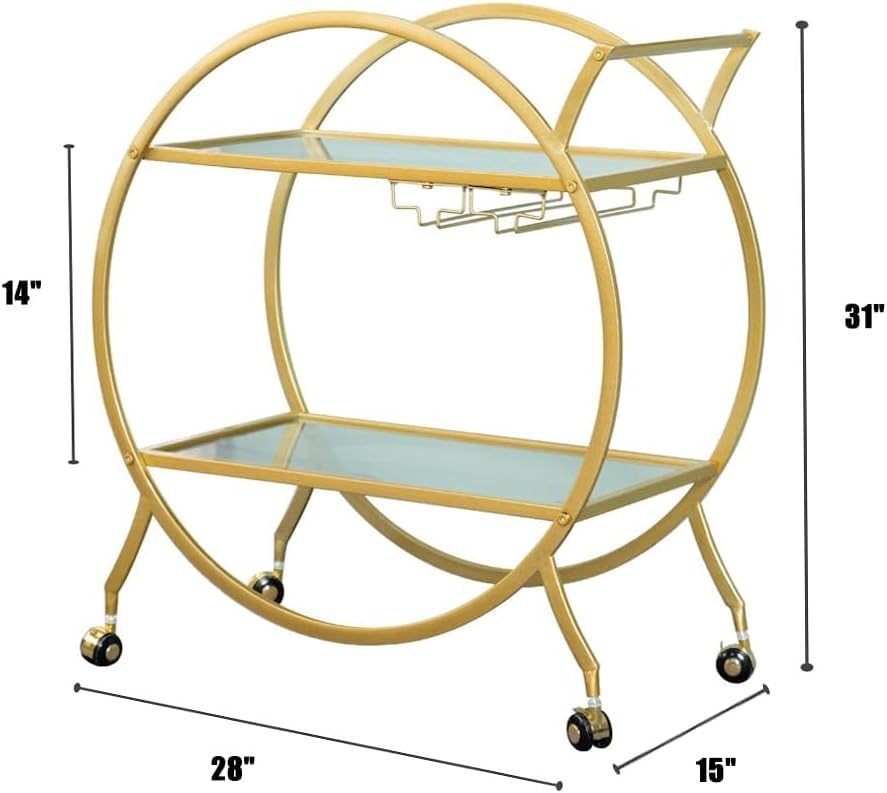Round Gold Bar Cart 2 Mirrored Shelves Bar Serving Cart with Wheels and Glass Holder, Mobile Wine Cart for The