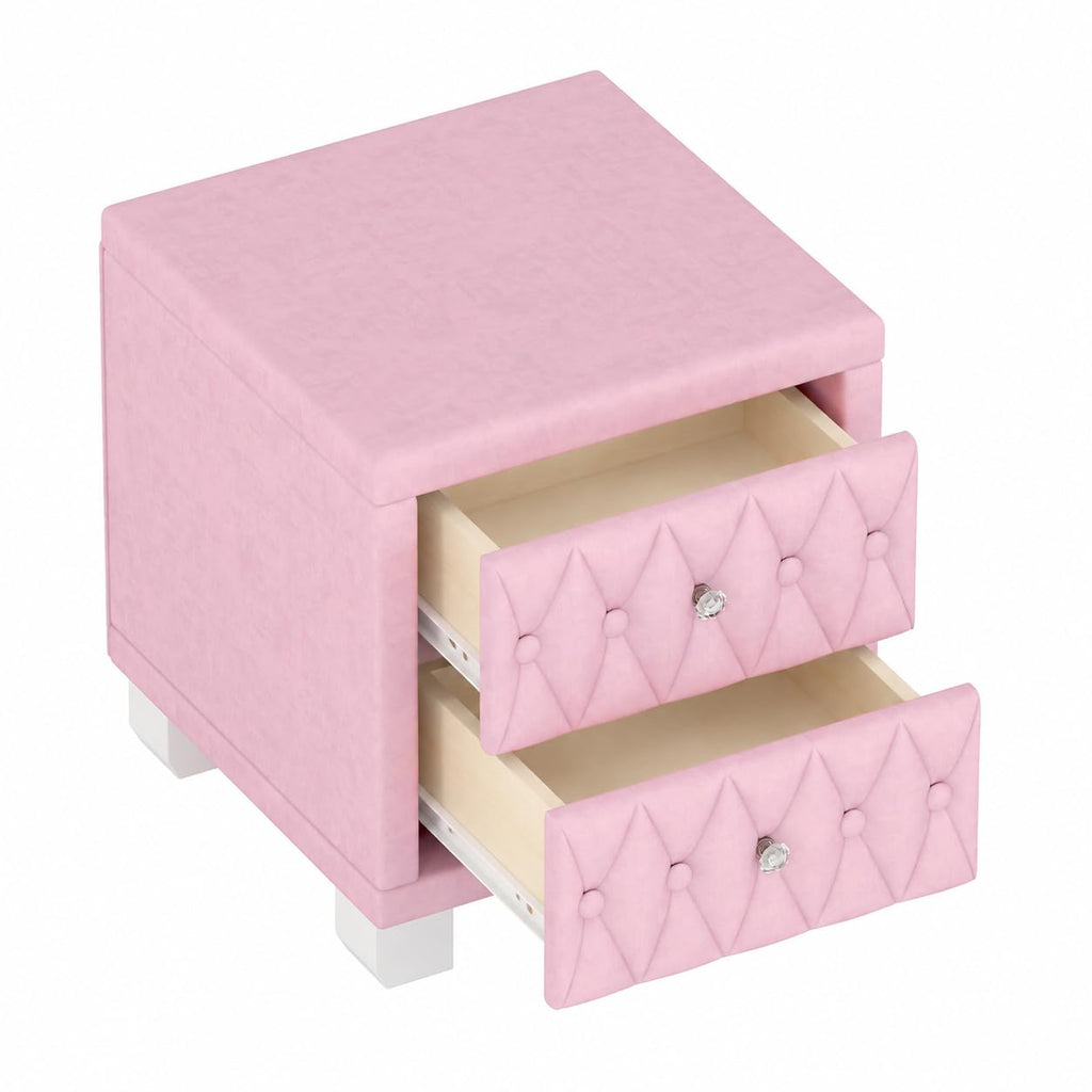 Velvet Nightstand with 2 Storage Drawers and Crystal Handle, Button Tufted End Table, Pink